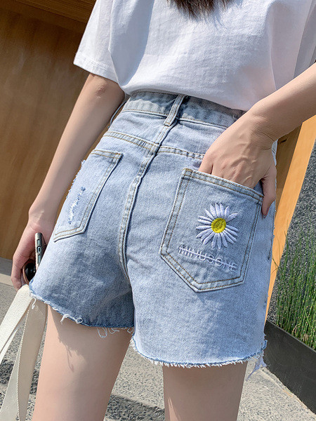 Pantaloni scurți moderni de damă cu talie înaltă și motive rupte în albastru