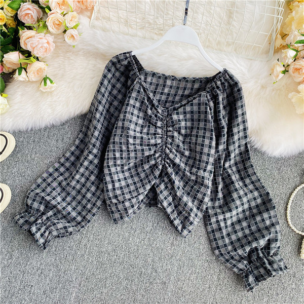 Ikdienas sieviešu rūtains krekls ar garām piedurknēm