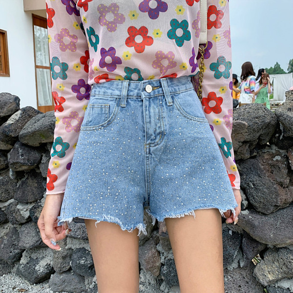 Mūsdienīgi sieviešu džinsa šorti ar augstu vidukli un akmeņiem