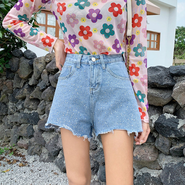 Mūsdienīgi sieviešu džinsa šorti ar augstu vidukli un akmeņiem