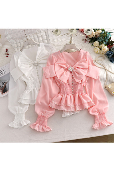 Jauna modeļa sieviešu krekls ar elastīgu jostasvietu un lenti