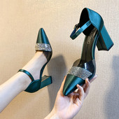 Μυτερό μπντέλο γυναικεία παπούτσια με χοντρά τακούνια και δικοσμιτικές πέτρες