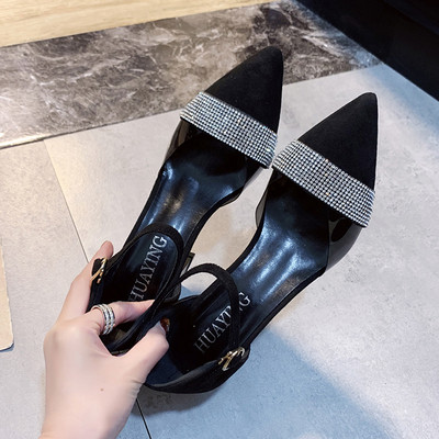 Μυτερό μπντέλο γυναικεία παπούτσια με χοντρά τακούνια και δικοσμιτικές πέτρες