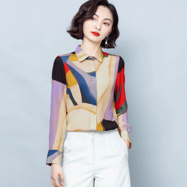 Krāsains sieviešu šifona krekls ar pogām un klasisku apkakli