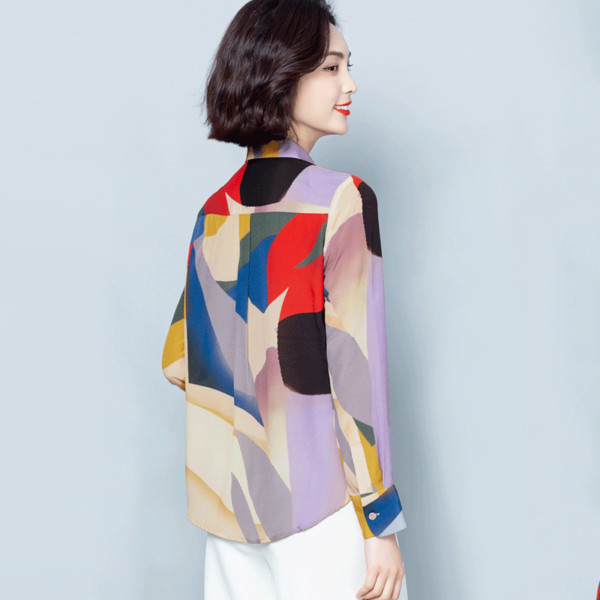 Krāsains sieviešu šifona krekls ar pogām un klasisku apkakli