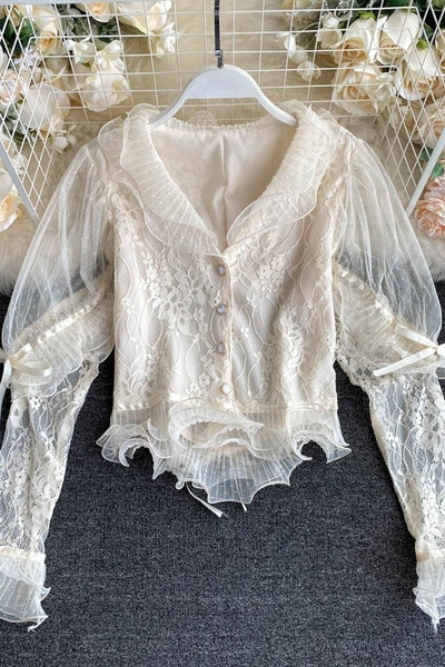 Ρετρό γυναικείο δαντελωτό πουκάμισο με κορδέλες και κουμπιά