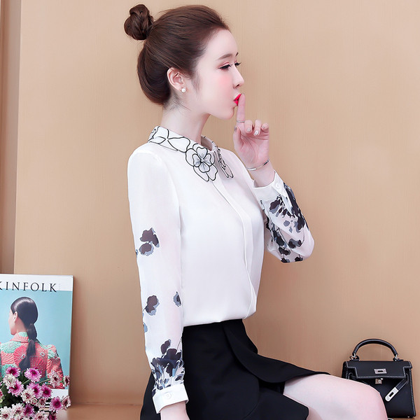 Moodne aplikatsiooniga ja pikkade varrukatega naiste särk