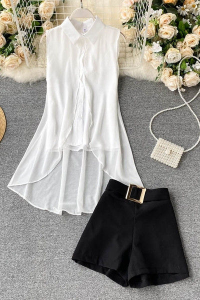 Női szett inget és nadrágot, magas derékkal és övvel