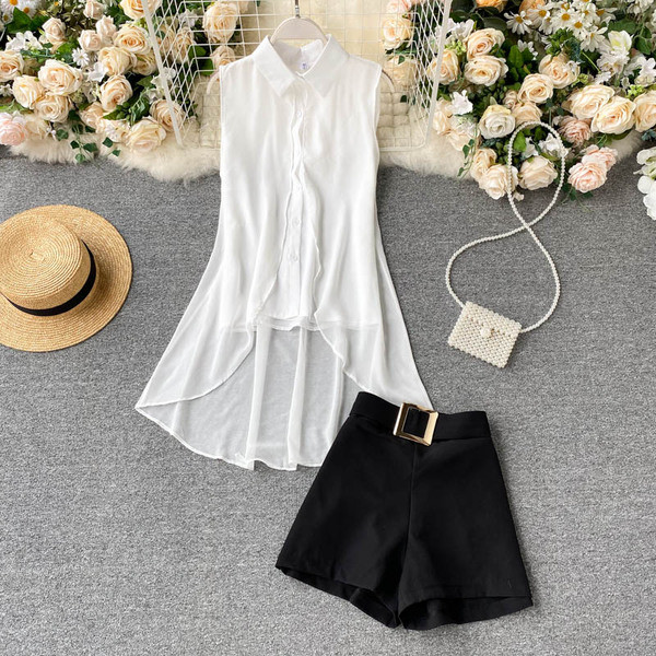 Női szett inget és nadrágot, magas derékkal és övvel