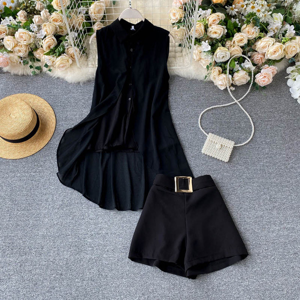 Női szett inget és nadrágot, magas derékkal és övvel