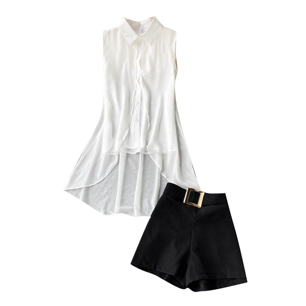 Női szett inget és nadrágot, magas derékkal és övvel