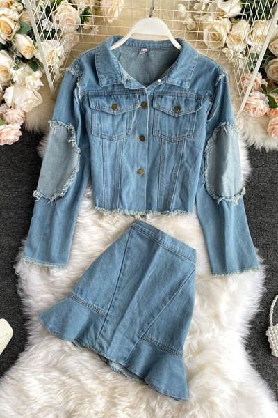 Modern női farmerdzseki és szoknya szett magas derékkal