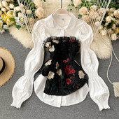 Tavaszi-őszi női ing hímzéssel és tüllel