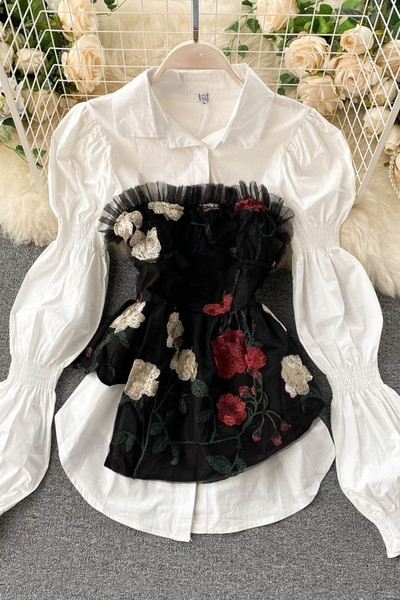 Tavaszi-őszi női ing hímzéssel és tüllel