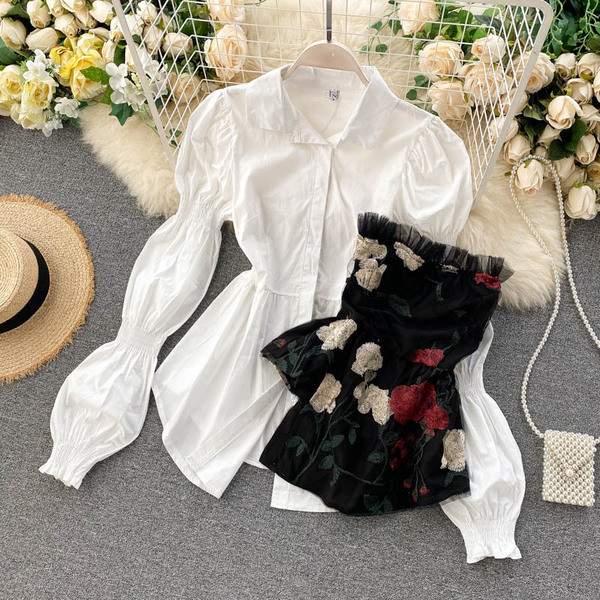 Tavaszi-őszi női ing hímzéssel és tüllel