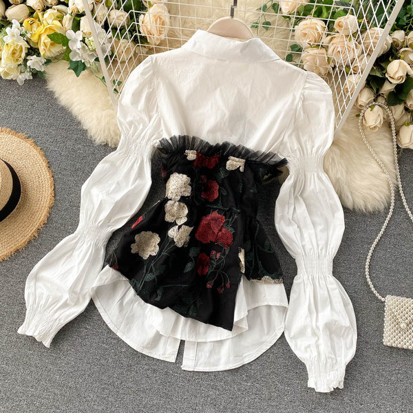 Tavaszi-őszi női ing hímzéssel és tüllel