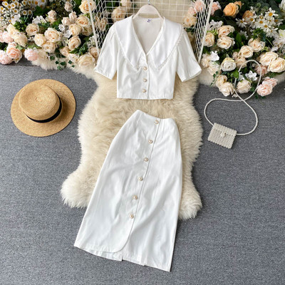 Γυναικείο σετ πουκάμισο με κοντά μανίκια και μακριά φούστα με ψηλή μέση