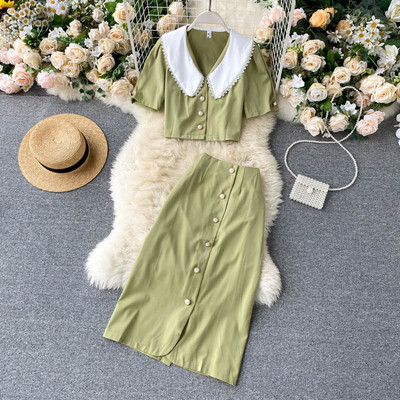 Γυναικείο σετ πουκάμισο με κοντά μανίκια και μακριά φούστα με ψηλή μέση