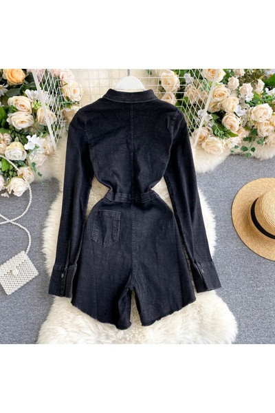 Γυναικεία casual τζιν ολόσωμη φόρμα  με μακριά μανίκια σε μαύρο χρώμα