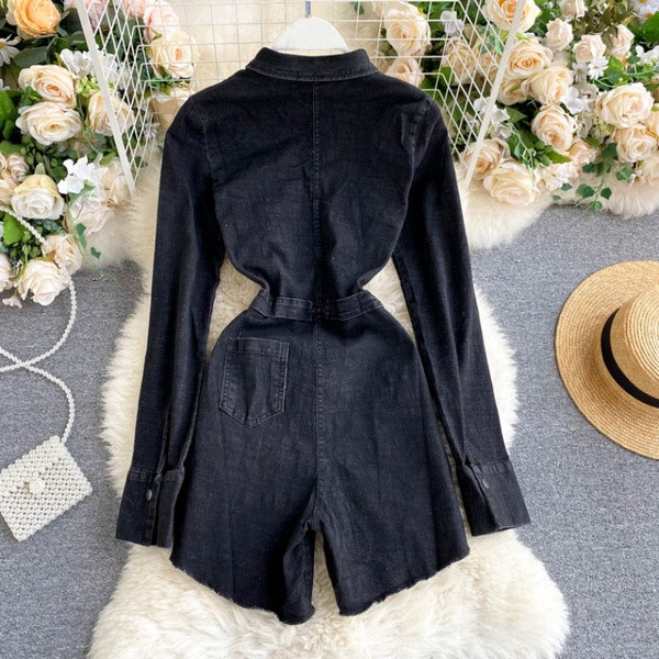 Γυναικεία casual τζιν ολόσωμη φόρμα  με μακριά μανίκια σε μαύρο χρώμα