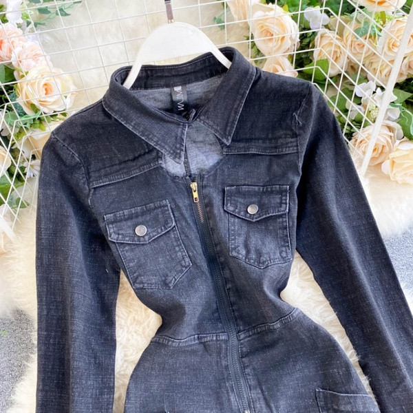 Γυναικεία casual τζιν ολόσωμη φόρμα  με μακριά μανίκια σε μαύρο χρώμα