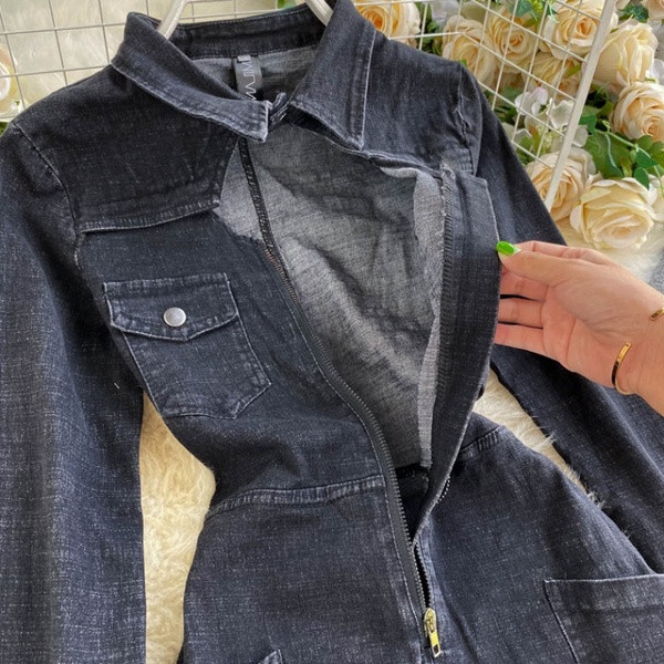 Γυναικεία casual τζιν ολόσωμη φόρμα  με μακριά μανίκια σε μαύρο χρώμα