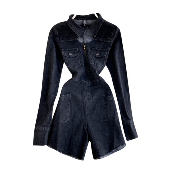 Γυναικεία casual τζιν ολόσωμη φόρμα  με μακριά μανίκια σε μαύρο χρώμα