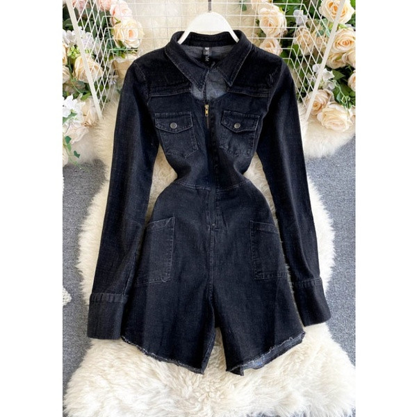 Γυναικεία casual τζιν ολόσωμη φόρμα  με μακριά μανίκια σε μαύρο χρώμα