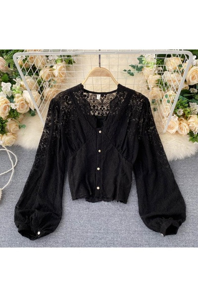 Moderns sieviešu mežģīņu krekls ar pogām un špica kakla izgriezumu