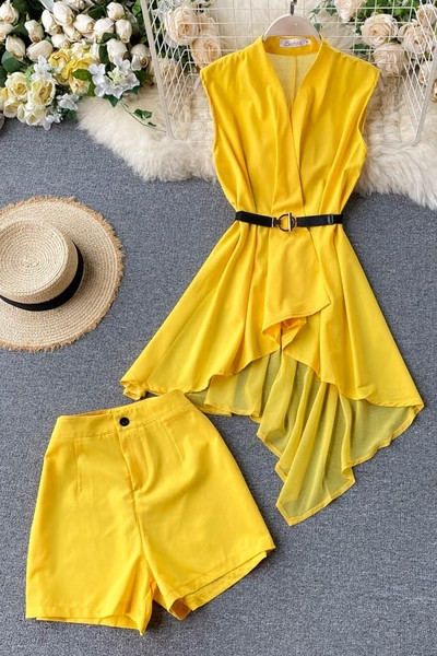 Moodne naiste komplekt šifoonist särgist ja kõrge vöökohaga pükstest