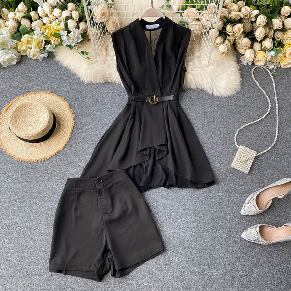 Moodne naiste komplekt šifoonist särgist ja kõrge vöökohaga pükstest