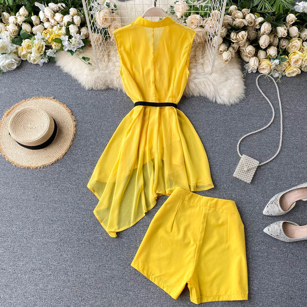 Moodne naiste komplekt šifoonist särgist ja kõrge vöökohaga pükstest