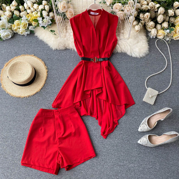 Moodne naiste komplekt šifoonist särgist ja kõrge vöökohaga pükstest