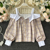 Női alkalmi kockás ing gombokkal és csupasz váll