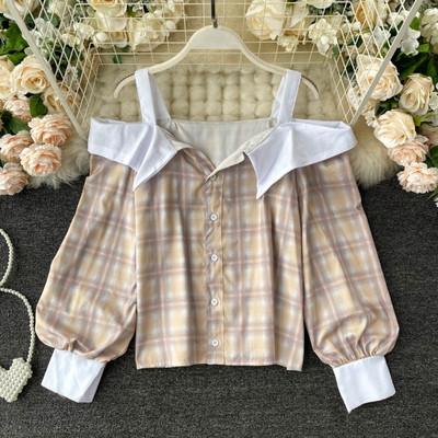 Női alkalmi kockás ing gombokkal és csupasz váll