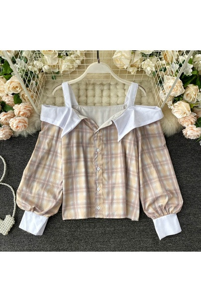 Női alkalmi kockás ing gombokkal és csupasz váll
