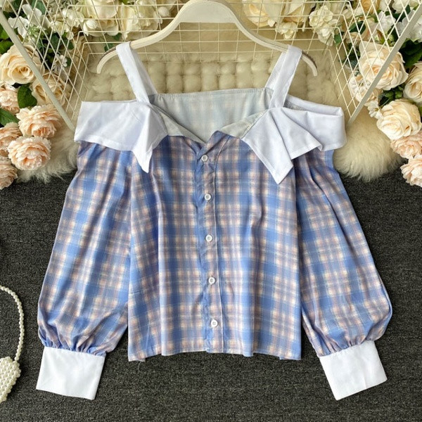 Női alkalmi kockás ing gombokkal és csupasz váll