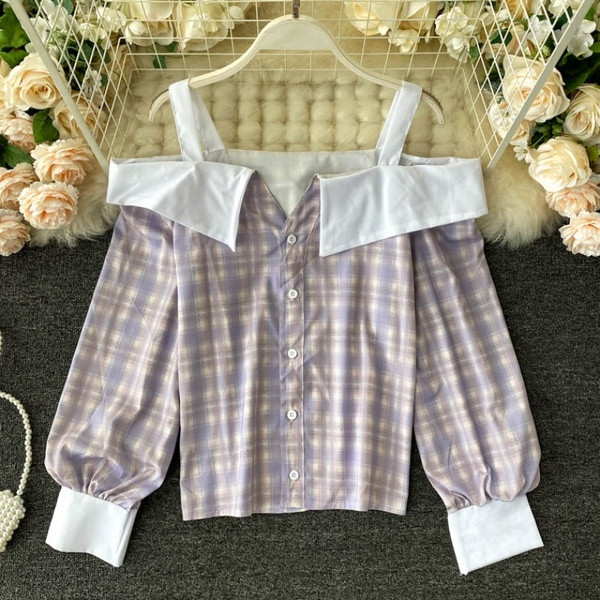 Női alkalmi kockás ing gombokkal és csupasz váll