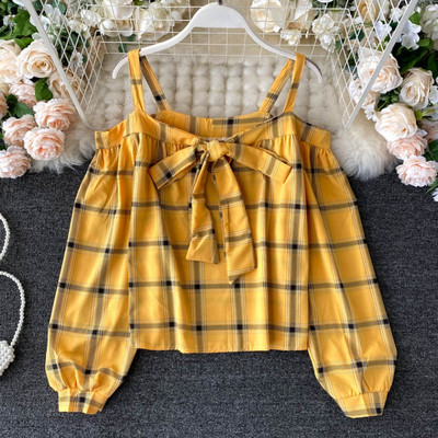 Γυναικείο casual καρό πουκάμισο με κορδέλα και γυμνούς ώμους