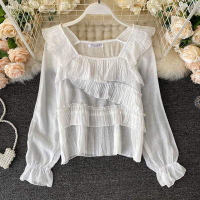 Γυναικείο πουκάμισο με τετράγωνο ντεκολτέ και μακριά μανίκια σε τρία χρώματα