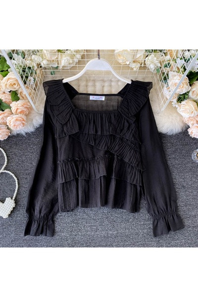 Γυναικείο πουκάμισο με τετράγωνο ντεκολτέ και μακριά μανίκια σε τρία χρώματα