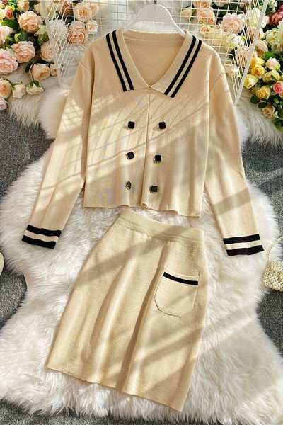 Moodne naiste kardiganide komplekt nööpide ja seelikuga