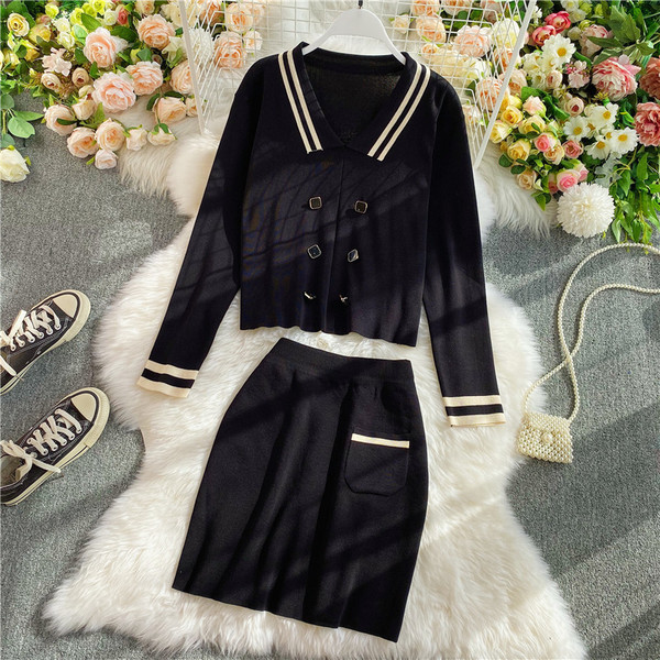 Moodne naiste kardiganide komplekt nööpide ja seelikuga