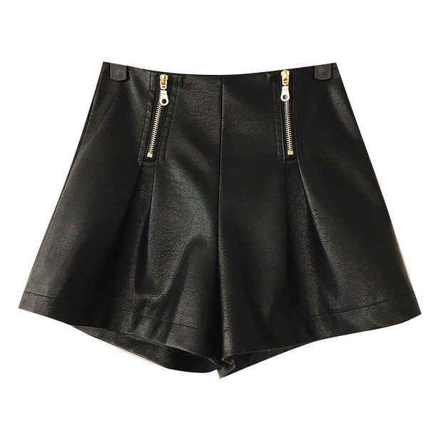 Pantaloni scurti de dama din imitatie de piele cu talie inalta si fermoare