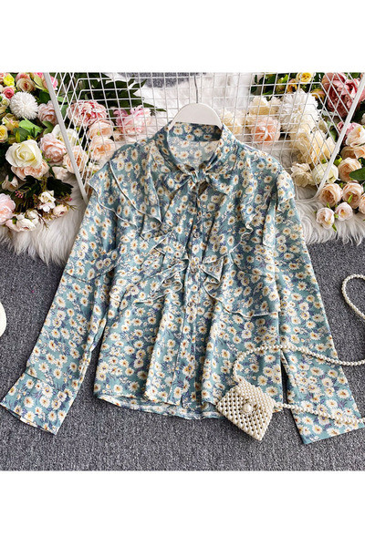 Cămașă modernă de damă cu model floral și guler înalt