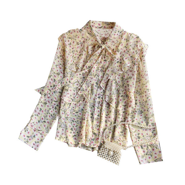 Cămașă modernă de damă cu model floral și guler înalt