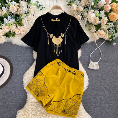 Μοντέρνο γυναικείο σετ  μπλούζα με κοντά μανίκια και παντελόνι με ψηλή μέση