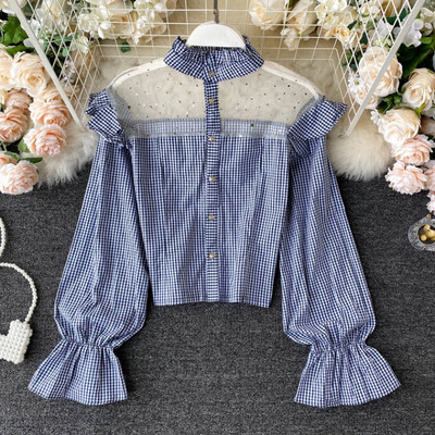 Γυναικείο καρό πουκάμισο με κουμπιά και διακοσμιτικές πέτρες