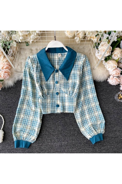 Naiste ruuduline särk klassikalise krae ja nööpidega