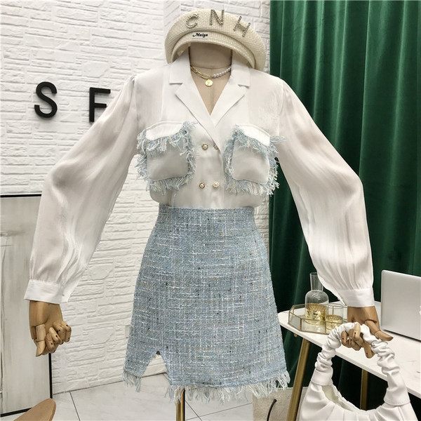 Stiilne naiste komplekt, mis sisaldab pikkade varrukatega särki ja seelikut